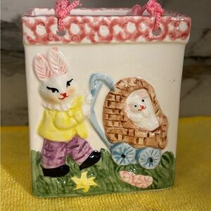 Ceramic Bunny & Baby Carriage Wall Pocket - Pink, Yellow, Purple